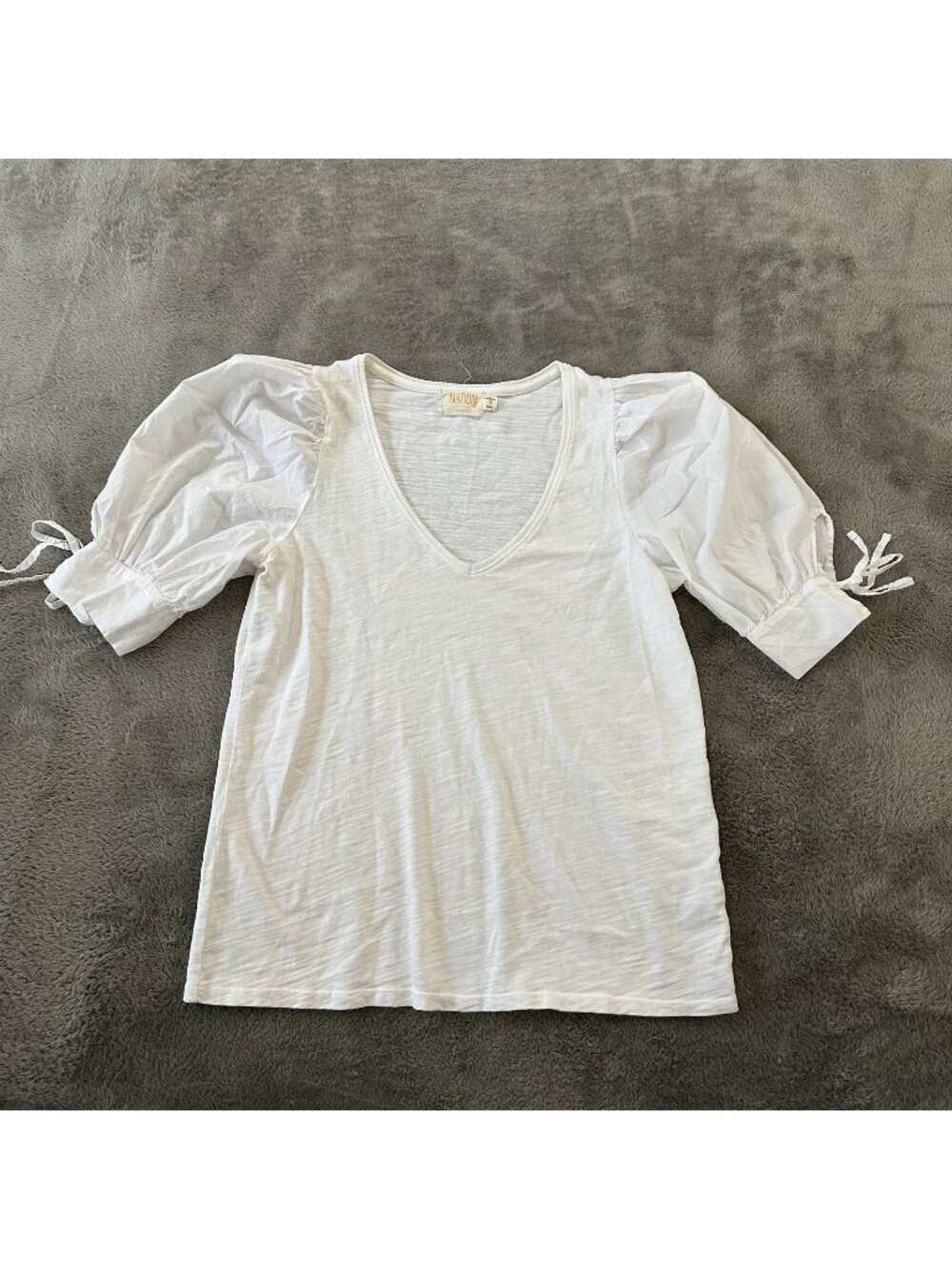 Nation LTD White V-Neck Puffed Sleeve Shirt Top Blouse SMALL